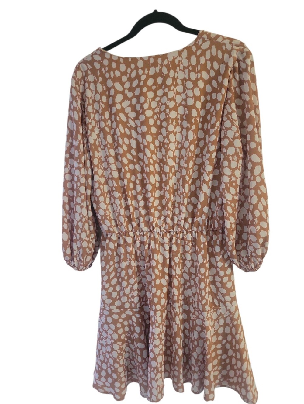 Adrienne Beige & Cream 3/4 Sleeve V-Neck Polka Dot Smock Elastic Waist Dress L - Picture 2 of 6